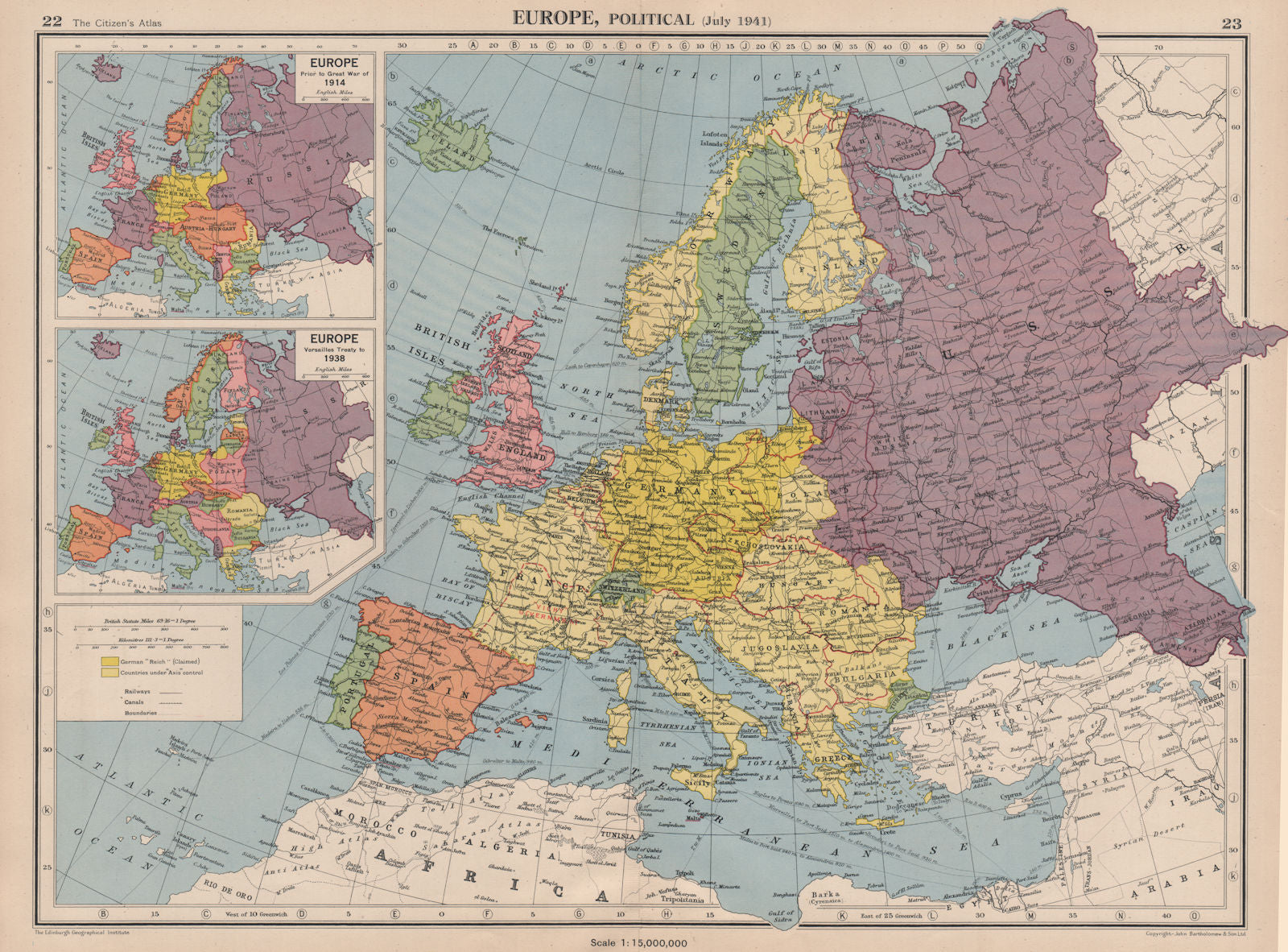 EUROPE in 1941 & 1914/38. Third Reich. Vichy France. Partitioned Poland 1944 map